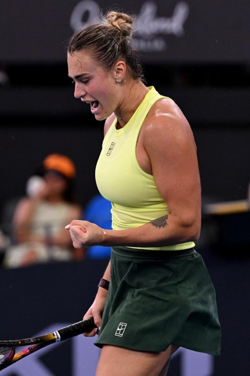 Aryna Sabalenka of Belarus reacts during her women's singles semi-final match against Karolina Muchova of Czech Republic at the Brisbane International tennis tournament in Brisbane on January 10, 2026. William WEST / AFP