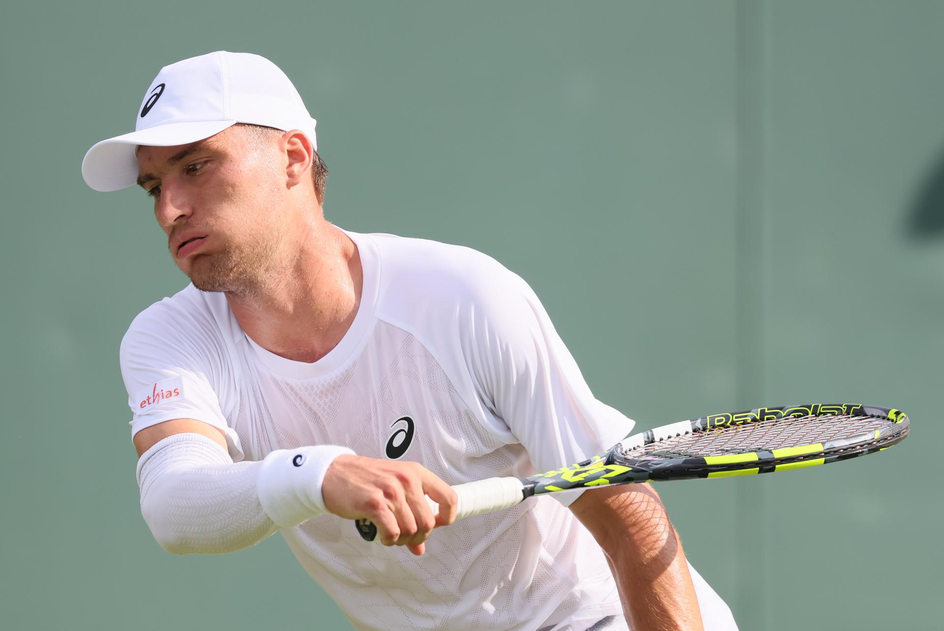 Belgian Raphael Collignon pictured in action at a tennis game against Croatian Cilic, in the first round of the men's singles at the 2025 Wimbledon grand slam tournament, Tuesday 01 July 2025 at the All England Tennis Club, in South-West London, Britain. BELGA PHOTO BENOIT DOPPAGNE