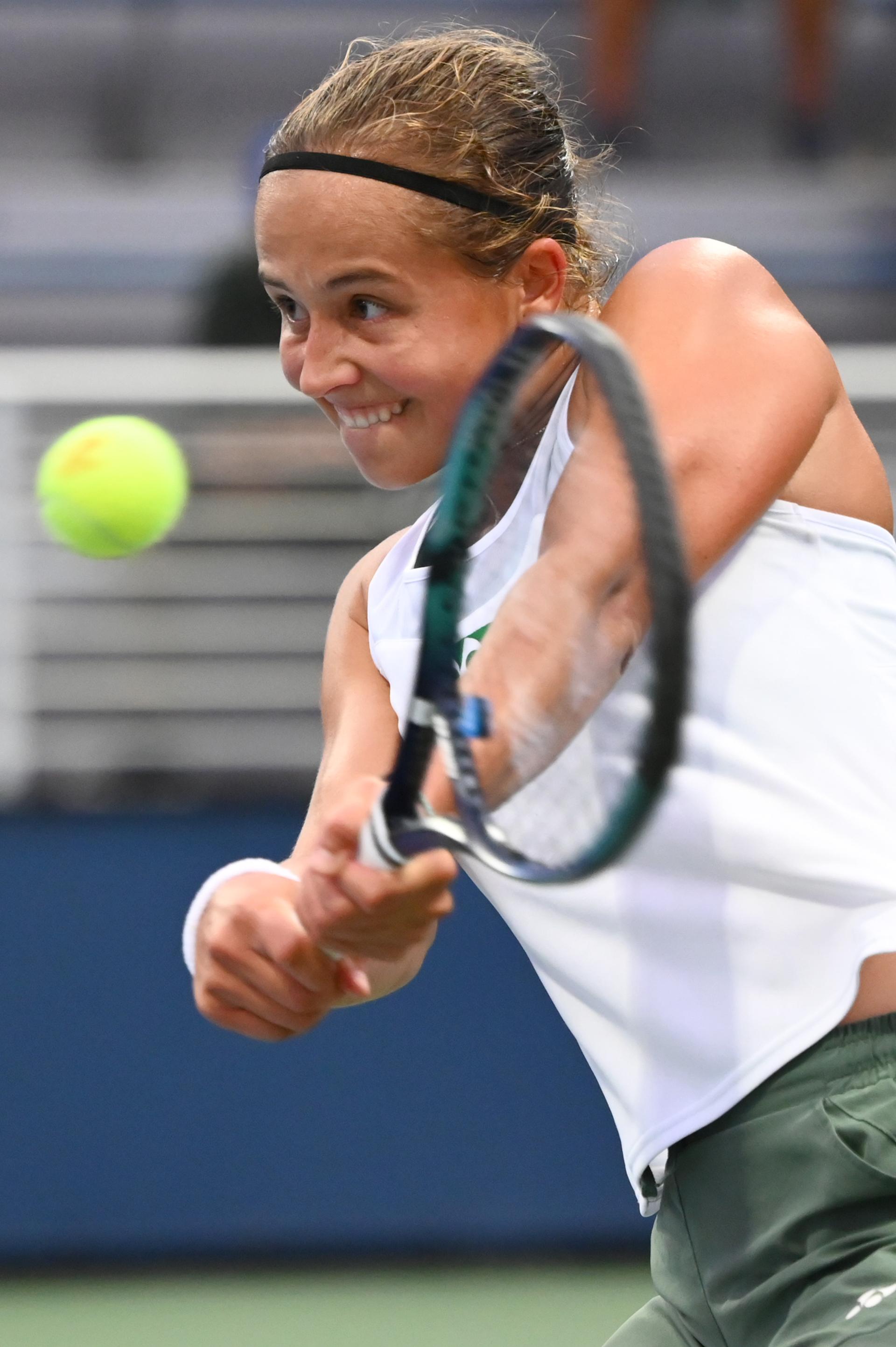 Belgian Hanne Vandewinkel pictured during a tennis game against Bulgarian Tomova, in the second round of the qualifications for the women's singles of the 2025 US Open Grand Slam tennis tournament in New York City, USA, Thursday 21 August 2025. BELGA PHOTO TONY BEHAR
