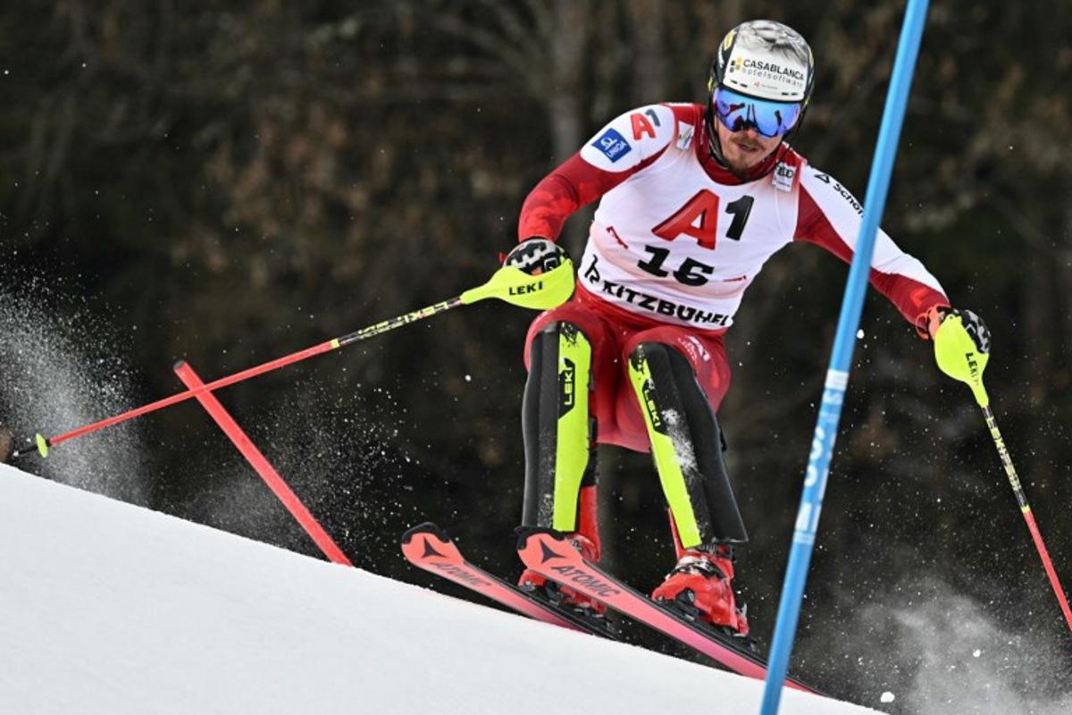 Austria's Manuel Feller races during the Men's slalom event of the FIS Alpine Skiing World Cup in Kitzbuehel, Austria, on January 25, 2026. Joe Klamar / AFP