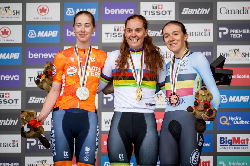 Dutch Nienke Vinke; Australian Felicity Wilson-Haffenden of Lidl-Trek and Belgian Luca Vierstraete celebrate on the podium after the women's U23 individual time trial race (20,3km) at the cycling UCI Road World Championship, in Montreal, Canada, Monday 21 September 2026. BELGA PHOTO JASPER JACOBS