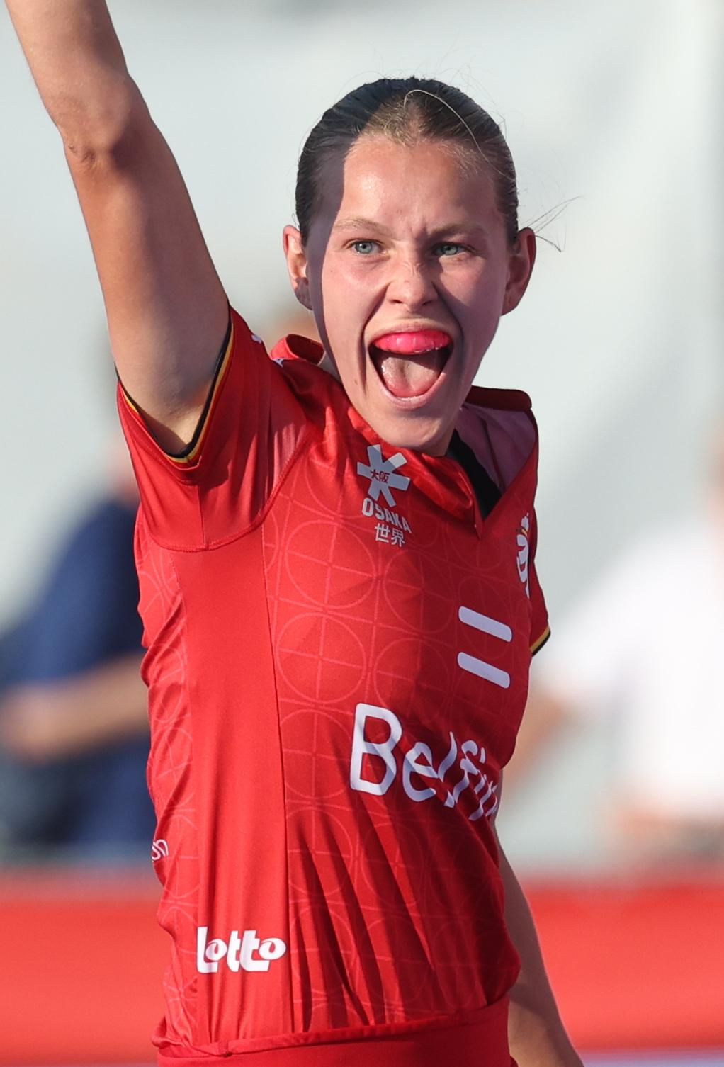 Belgium's Delphine Marien celebrates after scoring during a hockey game between Belgian national team Red Panthers and China, Tuesday 16 June 2026 in Wavre, match 10/16 in the group stage of the women's FIH Pro League competition. BELGA PHOTO VIRGINIE LEFOUR