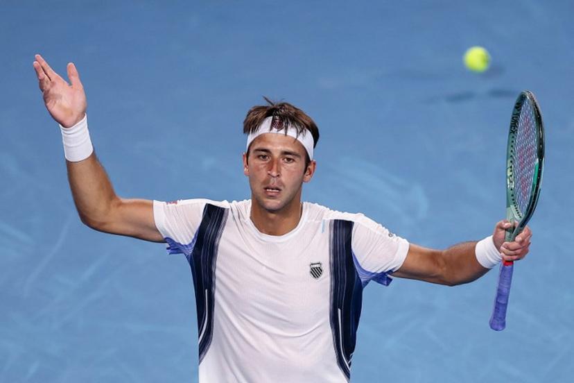 Argentina's Tomas Martin Etcheverry reacts on a point to Kazakhstan's Alexander Bublik during their men's singles match on day six of the Australian Open tennis tournament in Melbourne on January 23, 2026. IZHAR KHAN / AFP