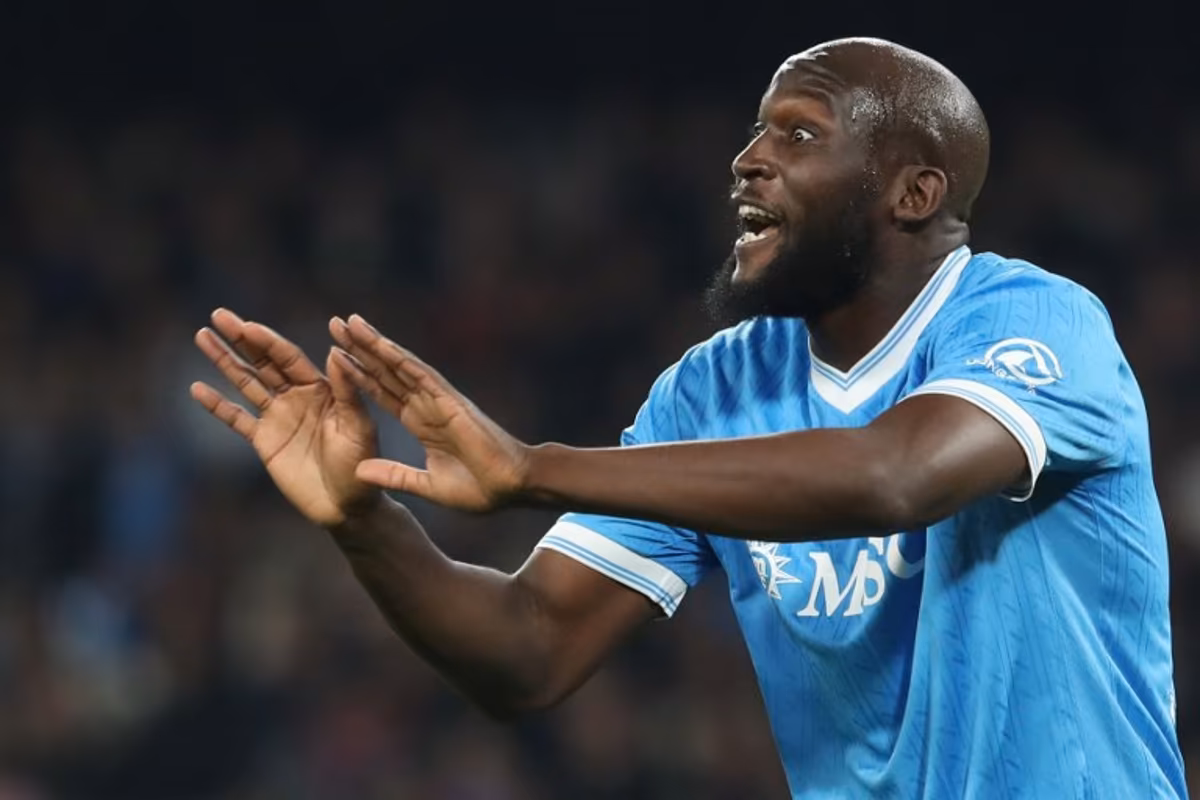 Napoli's Belgian forward #09 Romelu Lukaku reacts during the Italian Serie A football between match SSC Napoli and Torino FC at the Diego Armando Maradona Stadium in Napoli, on March 6, 2026. CARLO HERMANN / AFP