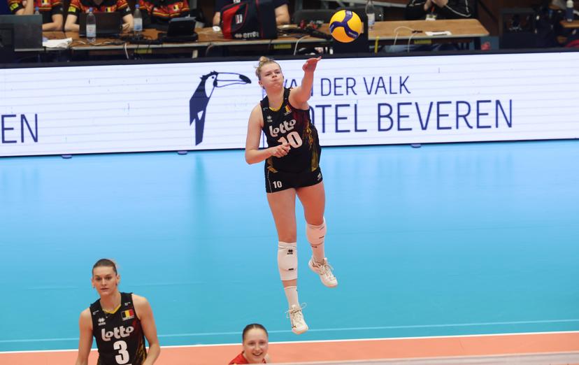 Belgium's Pauline Martin pictured in action during a volleyball match between Belgium's national women's volleyball team, the Yellow Tigers, and the Estonian national women's volleyball team, in match 3/6 of the League Round of the European Golden League women, in Beveren, Friday 24 May 2024. BELGA PHOTO VIRGINIE LEFOUR
