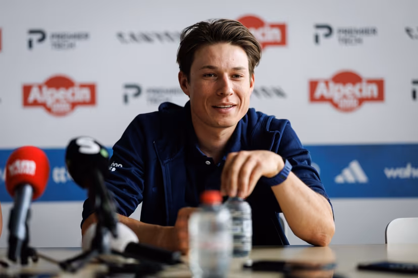 Belgian Jasper Philipsen pictured during press conference of Alpecin-Premier Tech cycling team ahead of this year's Paris-Roubaix cycling race, Thursday 09 April 2026, in Gullegem, Belgium. The 123rd edition of Paris-Roubaix cycling races will take on Sunday, with the women riding 143,1 km the men riding 258,3 km on Sunday. BELGA PHOTO KURT DESPLENTER