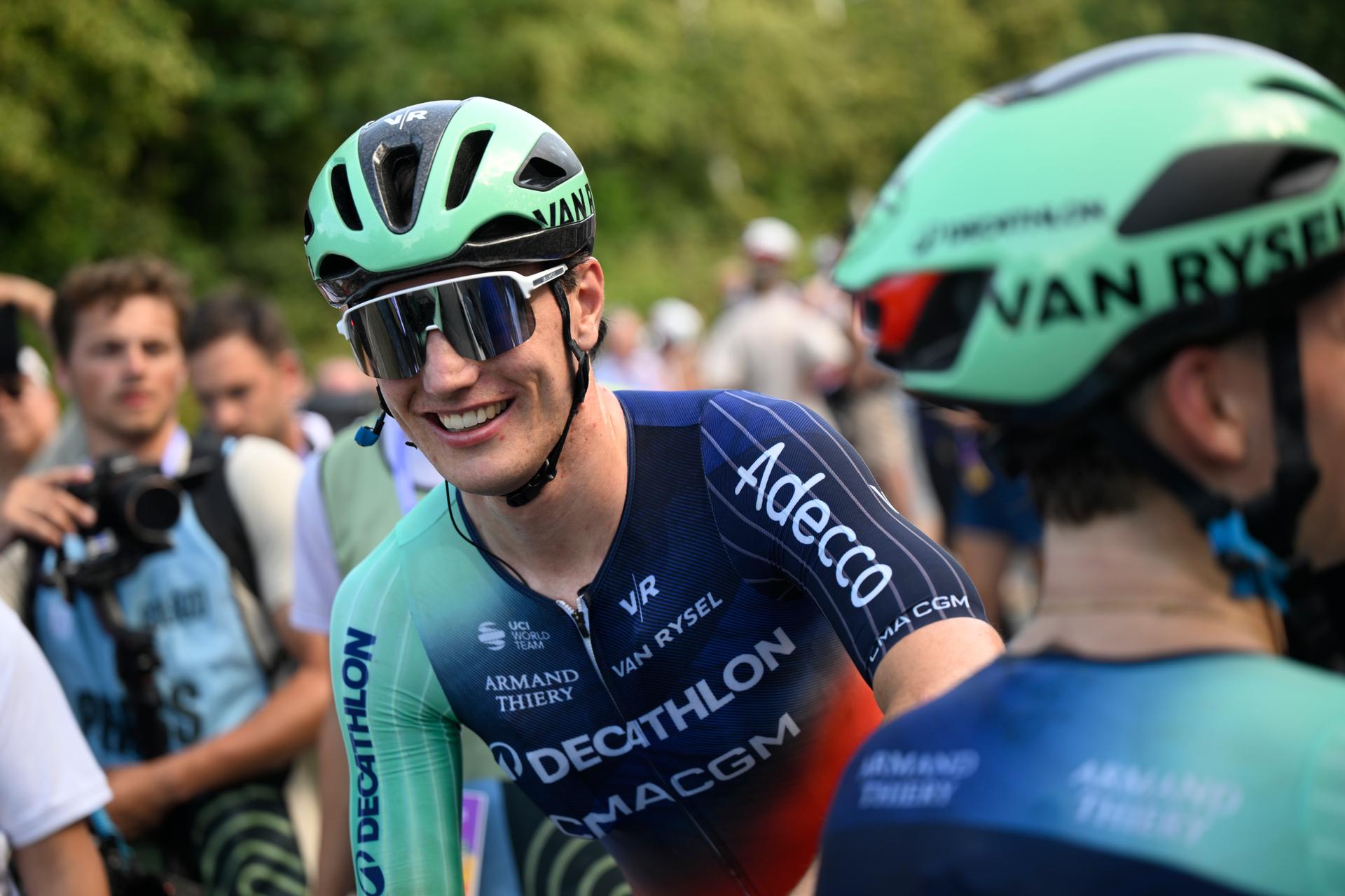 Dutch Olav Kooij of Decathlon CMA CGM Team celebrates after winning stage 4 of the Baloise Belgium Tour cycling race, 183,5km from Begijnendijk to Aarschot, on Saturday 20 June 2026. The Baloise Belgium Tour takes place from 17 to 21 June. BELGA PHOTO JASPER JACOBS