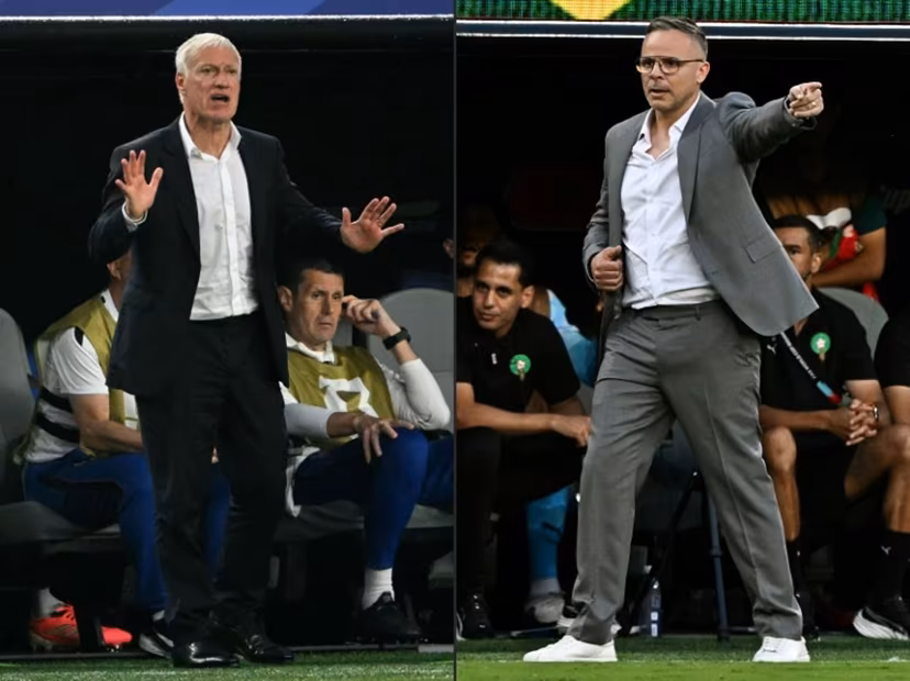 This combination of pictures created on July 07, 2026 shows France's head coach Didier Deschamps gesturing at the Philadelphia Stadium in Philadelphia on June 22, 2026, andMorocco's head coach Mohamed Ouahbi gesturing at the New York/New Jersey Stadium in East Rutherford on June 13, 2026. France and Morocco will meet in a 2026 World Cup quarter-final football match at Boston Stadium in Foxborough on July 9, 2026. Jewel SAMAD, MAURO PIMENTEL / AFP