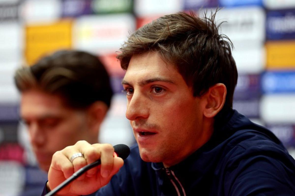 Lidl - Trek team's Italian rider Giulio Ciccone speaks during the Top Riders press conference on the eve of the departure of the Giro d'Italia 2025 cycling race, in Tirana, on May 8, 2025. Luca BETTINI / AFP