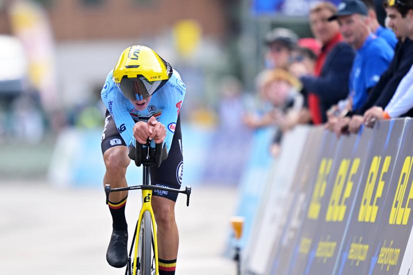 Belgium's Matisse Van Kerckhove crosses the finish line of the Men U23 Individual Time Trial race (22km) at the cycling UEC Road European Championships, in Ljubljana, Slovenia, on Wednesday 7 October 2026. The UEC Road European Championships are taking place from 02 to 07 October in Ljubljana, Slovenia. BELGA PHOTO DAVID PINTENS