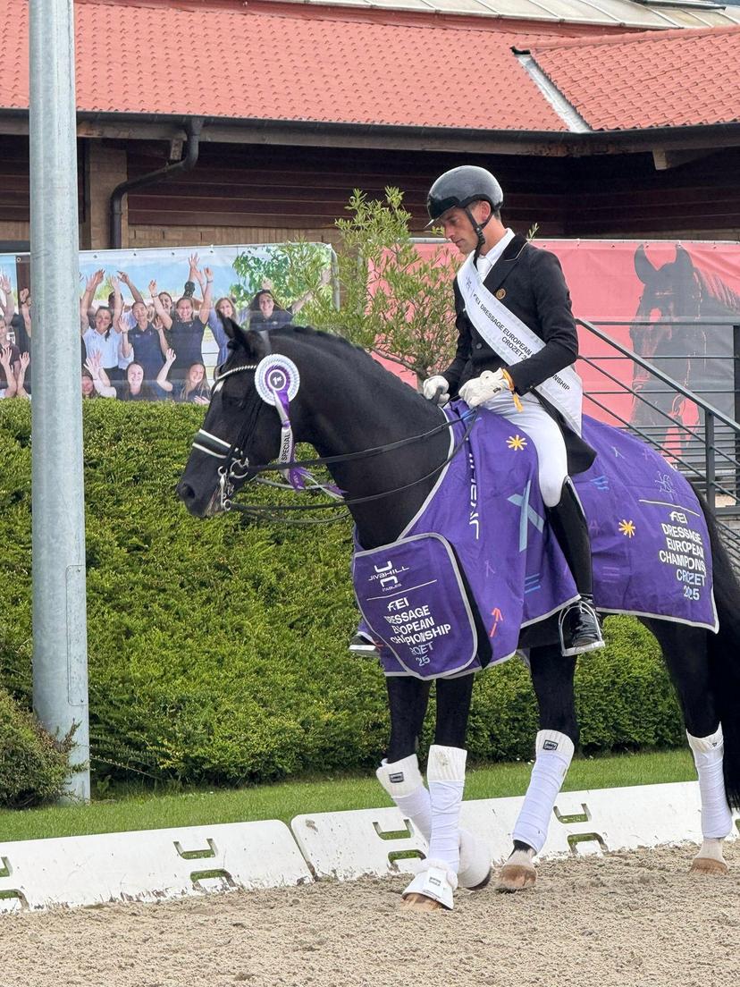 ATTENTION EDITORS - HAND OUT PICTURES - EDITORIAL USE ONLY - MANDATORY CREDIT 'WENDY LAEREMANS' This handout picture, distributed by Wendy Laeremans, shows Justin Verboomen, who won a Gold medal with Zonik Plus in the Grand Prix Special at the European Championship in Crozet, on Friday 29 August 2025. Verboomen and Zonik won with a score of 82.371% ahead of Denmark's Cathrine Laudrup-Dufour and Isabell Werth. BELGA PHOTO WENDY LAEREMANS *** Belga and Belga Editorial Board decline all responsibility regarding the content of this picture. ***