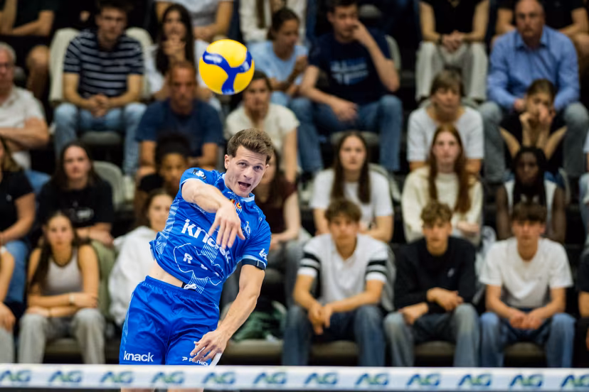Roeselare's Erik Siksna pictured in action during the match between Haasrode Leuven and Roeselare, a Play-off Final (4th game, best-of-5) game in the Lotto Volley League Men, Tuesday 13 May 2025 in Leuven. BELGA PHOTO JASPER JACOBS