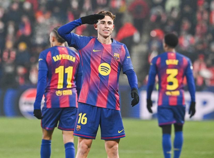Barcelona's Spanish midfielder #16 Fermin Lopez celebrates after scoring during in the UEFA Champions League football match between Slavia Prague (CZE) and FC Barcelona (ESP) in Prague, Czech Republic on January 21, 2026. Michal Cizek / AFP