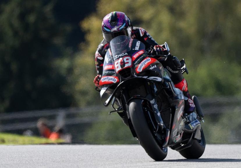 Aprilia Racing Team's Spanish rider Jorge Martin takes part in a MotoGP practice session on the second day of the Austrian MotoGP Grand Prix in Spielberg bei Knittelfeld, Austria, on September 18, 2026. Joe Klamar / AFP