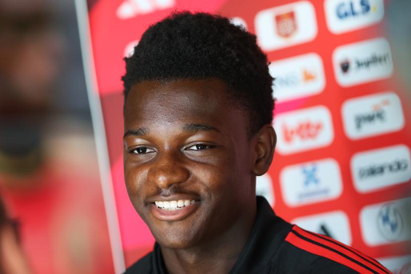 Belgium's Jesse Bisiwu talks to the press ahead of a press conference of the Red Devils U21 youth team, the Belgian youth national soccer team, at the national training center in Tubize, Wednesday 23 September 2026. The team is preparing for fixtures in the Euro 2027 qualifiers games. BELGA PHOTO BRUNO FAHY