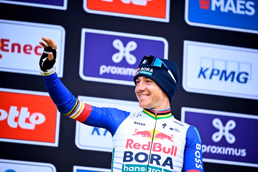Third Belgian Remco Evenepoel of Red Bull-BORA-hansgrohe celebrates on the podium of the men's race of the 'Ronde van Vlaanderen/ Tour des Flandres/ Tour of Flanders' UCI WorldTour one day cycling race, 278 km from Antwerp to Oudenaarde, Sunday 05 April 2026. BELGA PHOTO JASPER JACOBS