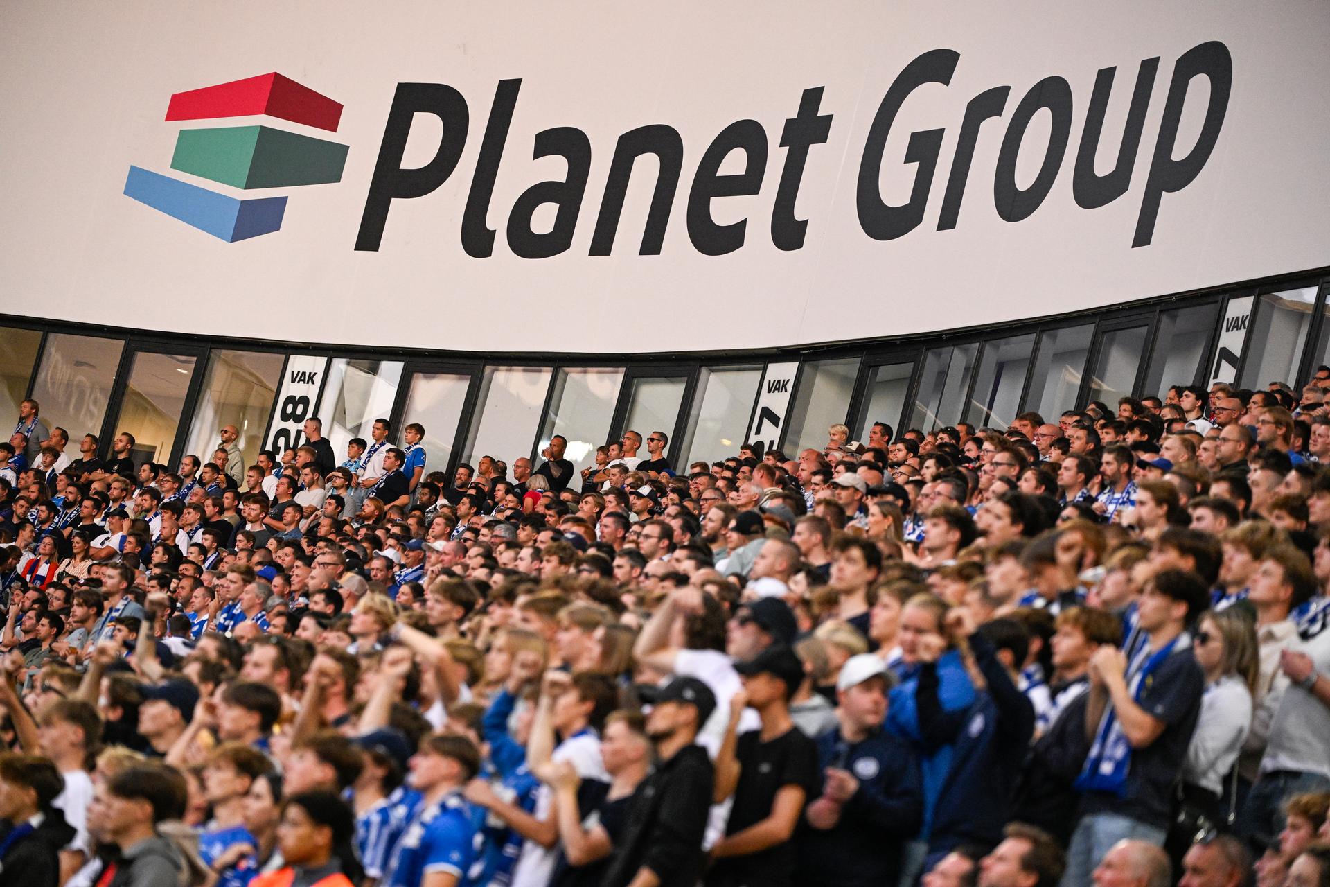 Illustration picture shows the logo of 'Planet Group' during a soccer match between KAA Gent and KRC Genk, Sunday 08 October 2023 in Gent, on day 10 of the 2023-2024 season of the 'Jupiler Pro League' first division of the Belgian championship. BELGA PHOTO LAURIE DIEFFEMBACQ