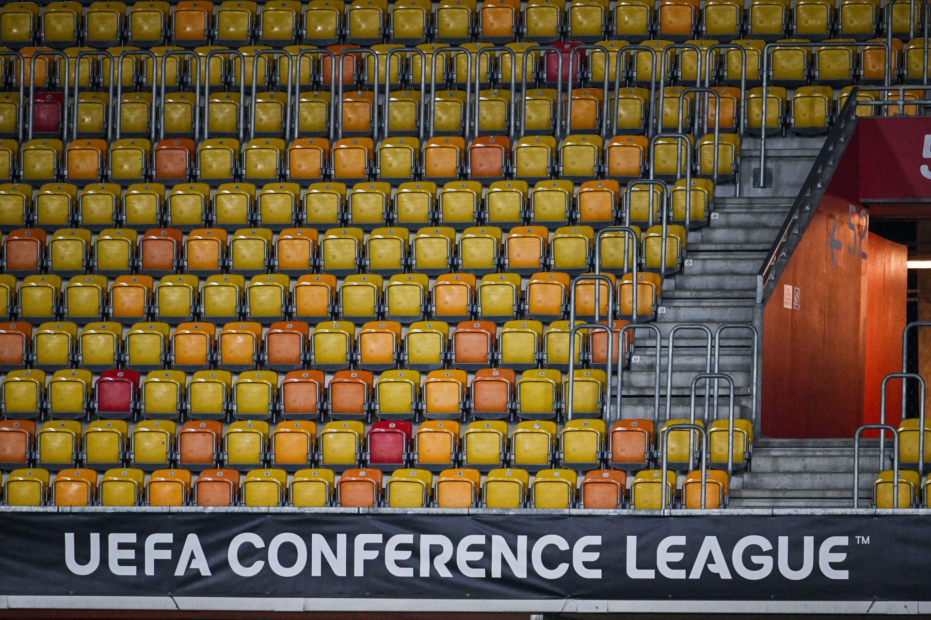 UEFA Conference League banner pictured before a press conference of Belgian soccer team Cercle Brugge KSV, Wednesday 05 March 2025 in Bialystok, Poland. Tomorrow Cercle will play Polish Jagiellonia Bialystok in the first leg of the round of 16 of the UEFA Conference League tournament. BELGA PHOTO TOM GOYVAERTS