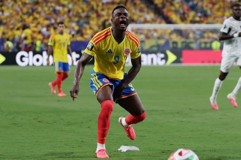 Colombia's forward #09 Jhon Cordoba reacts after an injury during the 2026 World Cup round of 32 football match between Colombia and Ghana at the Kansas City Stadium in Kansas City on July 3, 2026. Odd ANDERSEN / AFP