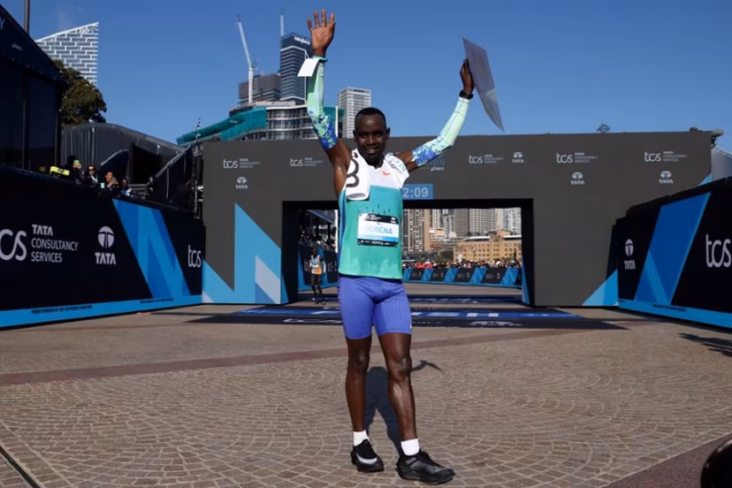Ethiopia's Addisu Gobena reacts after crossing the finish line to win the 2026 Sydney Marathon in Sydney on August 30, 2026. DAVID GRAY / AFP