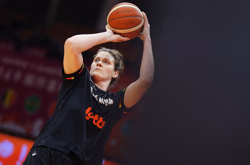 Belgium's Kyara Linskens pictured in action during the warming-up for a basket game between Belgium's national team Belgian Cats and South Sudan, in Wuhan, China, on Sunday 15 March 2026, the fourth game (out of 5) of the qualifications phase for the World Cup Basket tournament. BELGA PHOTO NIKOLA KRSTIC