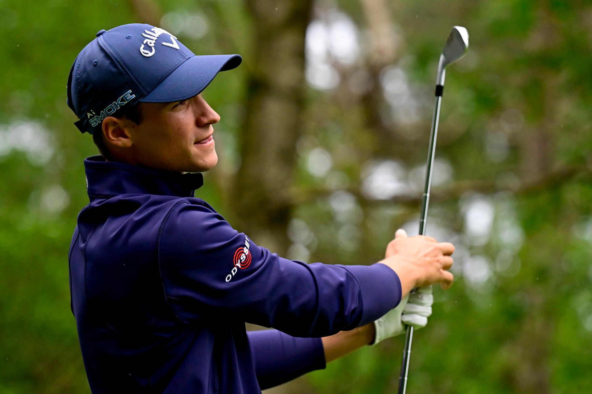 Belgian golfer Adrien Dumont de Chassart pictured in action during the first round (1/4) at the 2024 Soudal Open DP World Tour golf tournament, in Schilde, Thursday 23 May 2024. The 2024 Soudal Open takes place from 23 to 26 May at the Rinkven Golf Club in Schilde. BELGA PHOTO DIRK WAEM