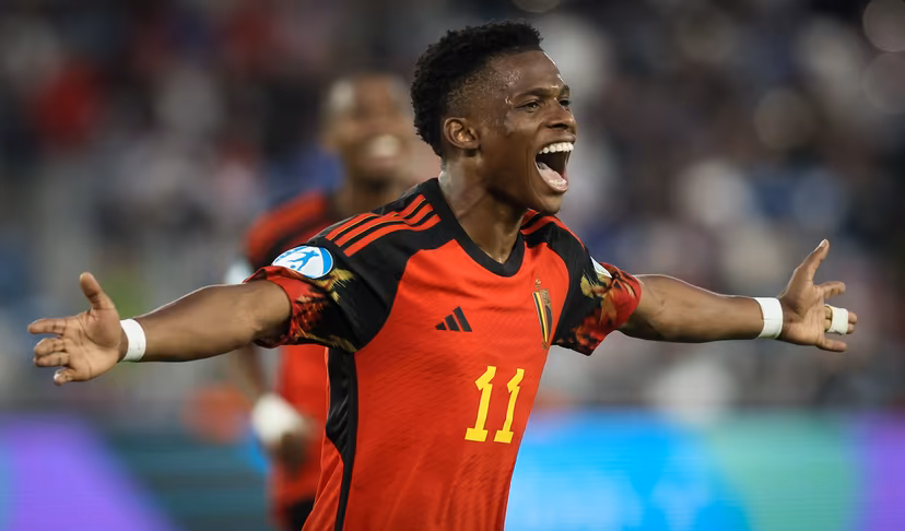Belgium's Largie Ramazani celebrates after scoring the 0-2 goal during the second game of the group stage (group A) between Georgia and Belgium at the UEFA Under21 European Championships, in Tbilisi, Georgia, Saturday 24 June 2023. The UEFA Under21 European Championships take place from 21 June to 08 July in Georgia and Romania. BELGA PHOTO BRUNO FAHY