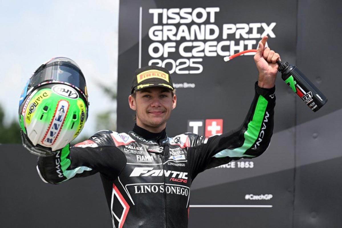 Second placed Fantic Racing Moto2 team's Belgian rider Barry Baltus celebrates on the podium after the Moto 2 Czech Grand Prix at Masaryk circuit in Brno on July 20, 2025. Michal Cizek / AFP