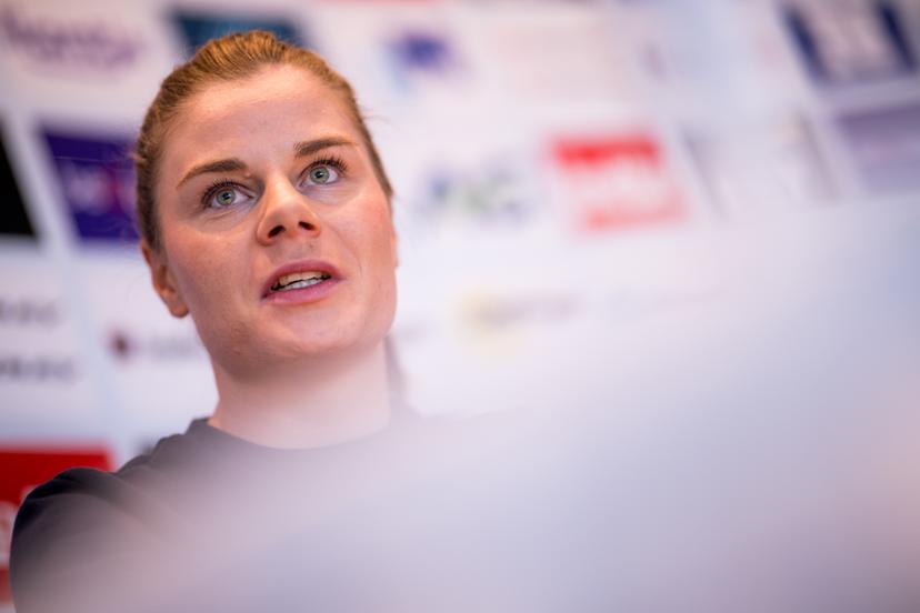 Belgian Lotte Kopecky talks to the press during a press conference before the cycling World Championship, in Montreal, Canada, Friday 18 September 2026. The UCI road world championships are taking place from 20 to 27 September, in Montreal, Canada. BELGA PHOTO JASPER JACOBS