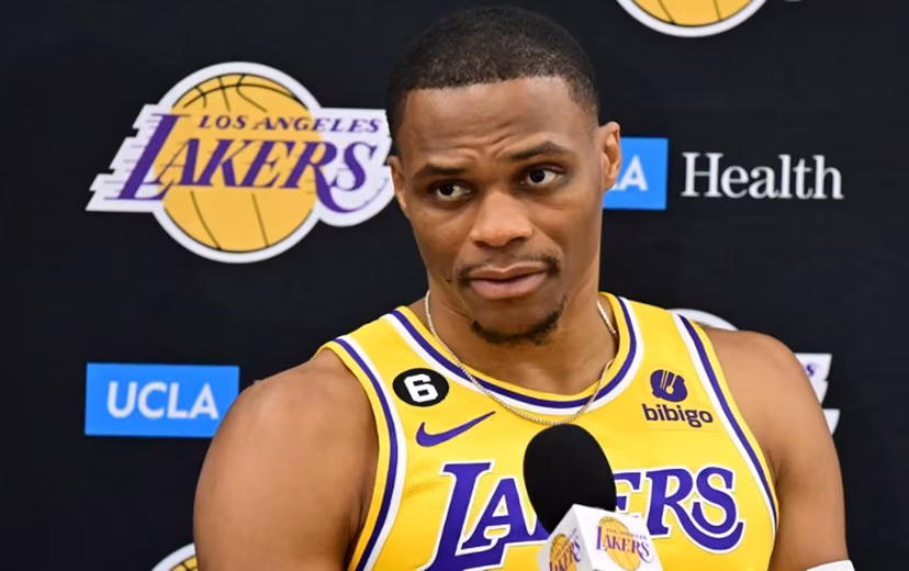 Los Angeles Lakers Russell Westbrook speaks to members of the press during the Los Angeles Lakers media day in El Segundo, California, on September 26, 2022. Frederic J. BROWN / AFP