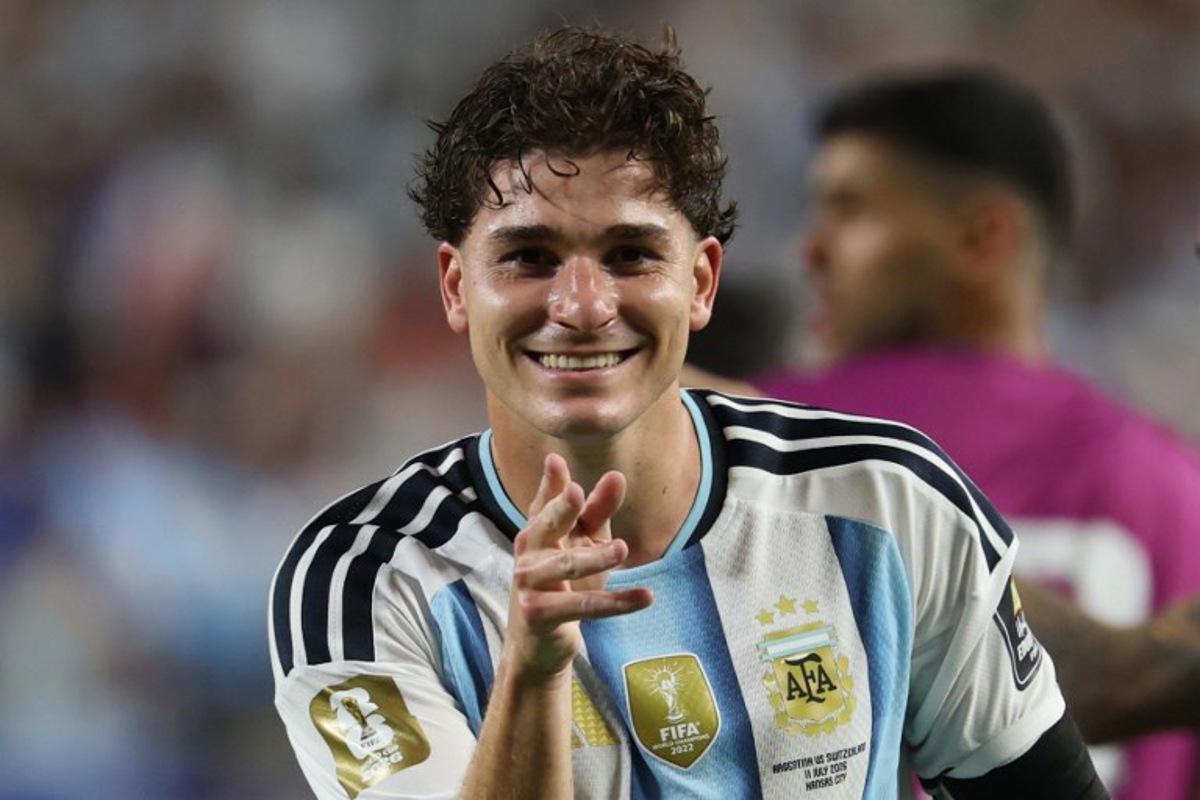 Aregentina's forward #09 Julian Alvarez celebrates scoring his team's second goal during the 2026 World Cup football tournament quarter-final match between Argentina and Switzerland at the Kansas City Stadium in Kansas City on July 11, 2026. Odd ANDERSEN / AFP