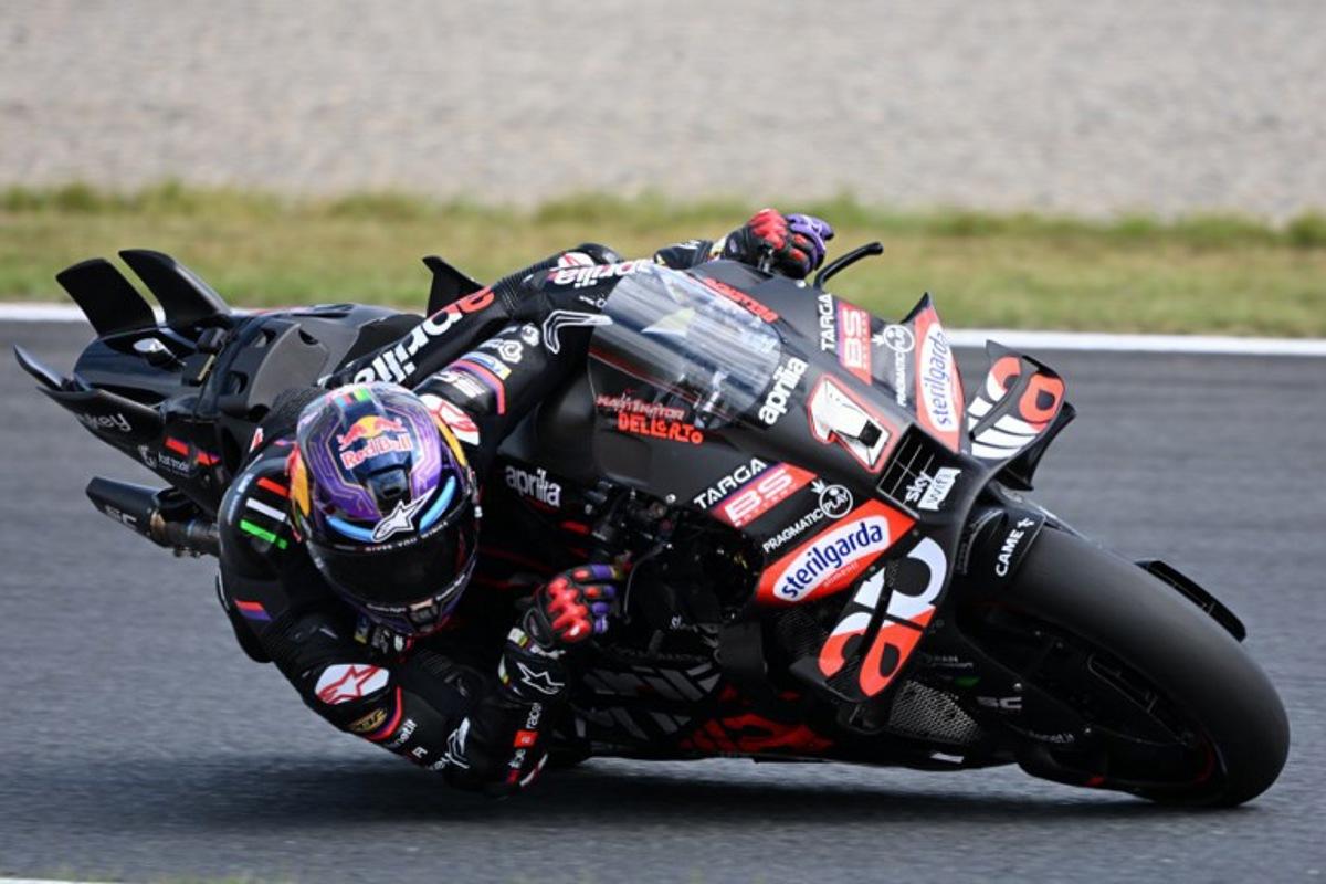 Aprilia Racing rider Jorge Martin of Spain drives his motorcycle during the MotoGP class practice session of the MotoGP Japanese Grand Prix at the Mobility Resort Motegi in Motegi, Tochigi prefecture on September 26, 2025. Toshifumi KITAMURA / AFP