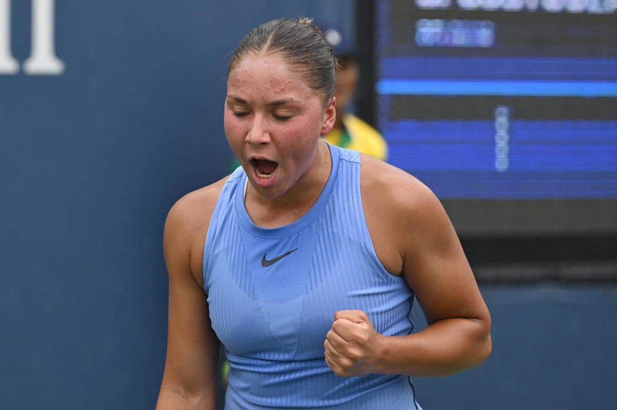 Sofia Costoulas of Belgium reacts as she competes against Katie Volynets of the United States during the Women's Qualifying Singles 1st round at the USTA Billie Jean King National Tennis Center in Flushing Meadow-Corona Park, in the Queens borough of New York, NY, August 18, 2025. (Photo by Anthony Behar/SipaUSA)