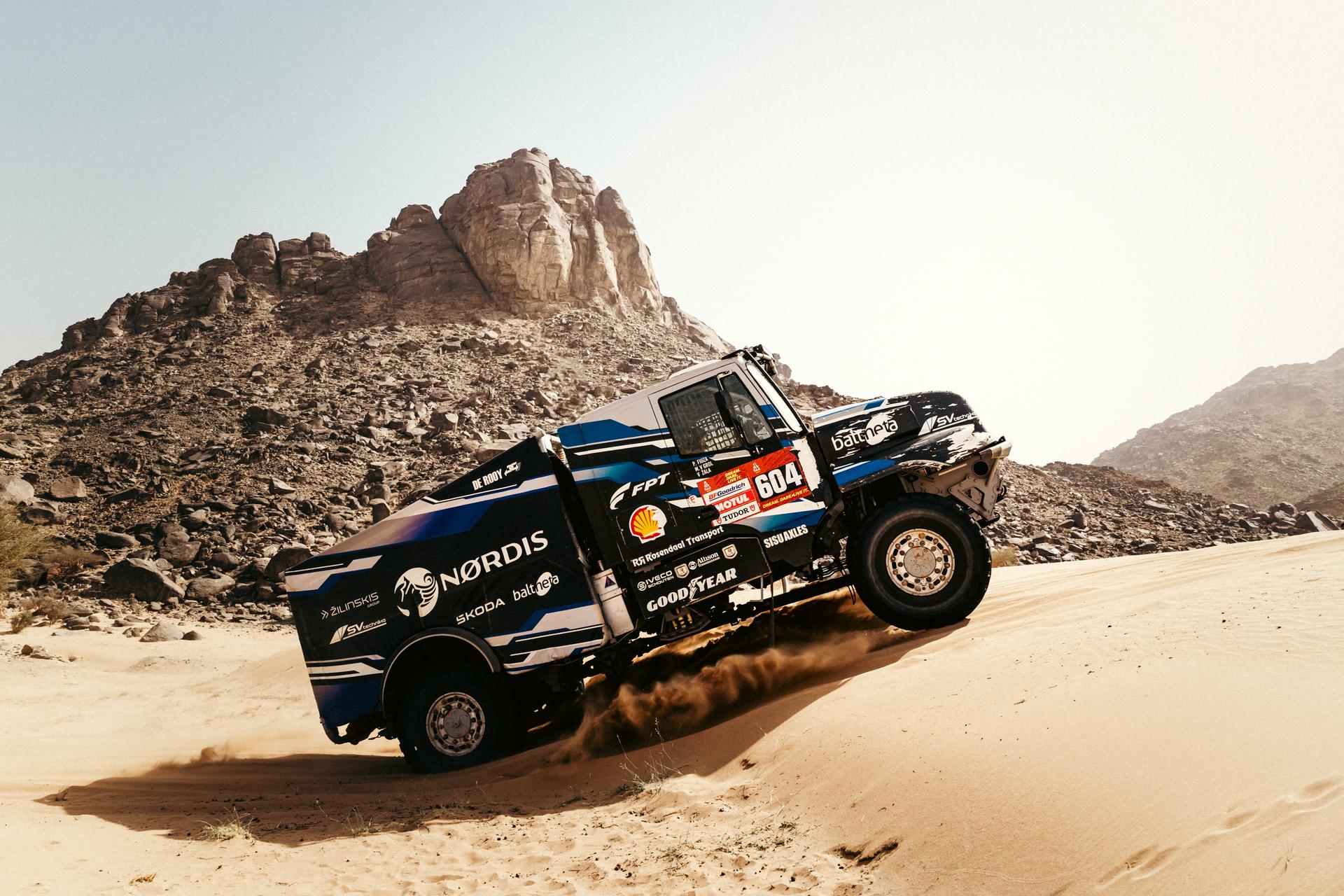 ATTENTION EDITORS - HAND OUT PICTURES - EDITORIAL USE ONLY - MANDATORY CREDIT: 'Team De Rooy' Hand out picture released by Eric Dupain shows Vaidotas Zala, Paulo Fiuza and Max Van Grol during stage 12 of the 2026 Dakar rally race in Yanbu, Saudi Arabia on Thursday 15 January 2026. *** Belga and Belga Editorial Board decline all responsibility regarding the content of this picture. *** PHOTO HAND OUT - TEAM DE ROOY