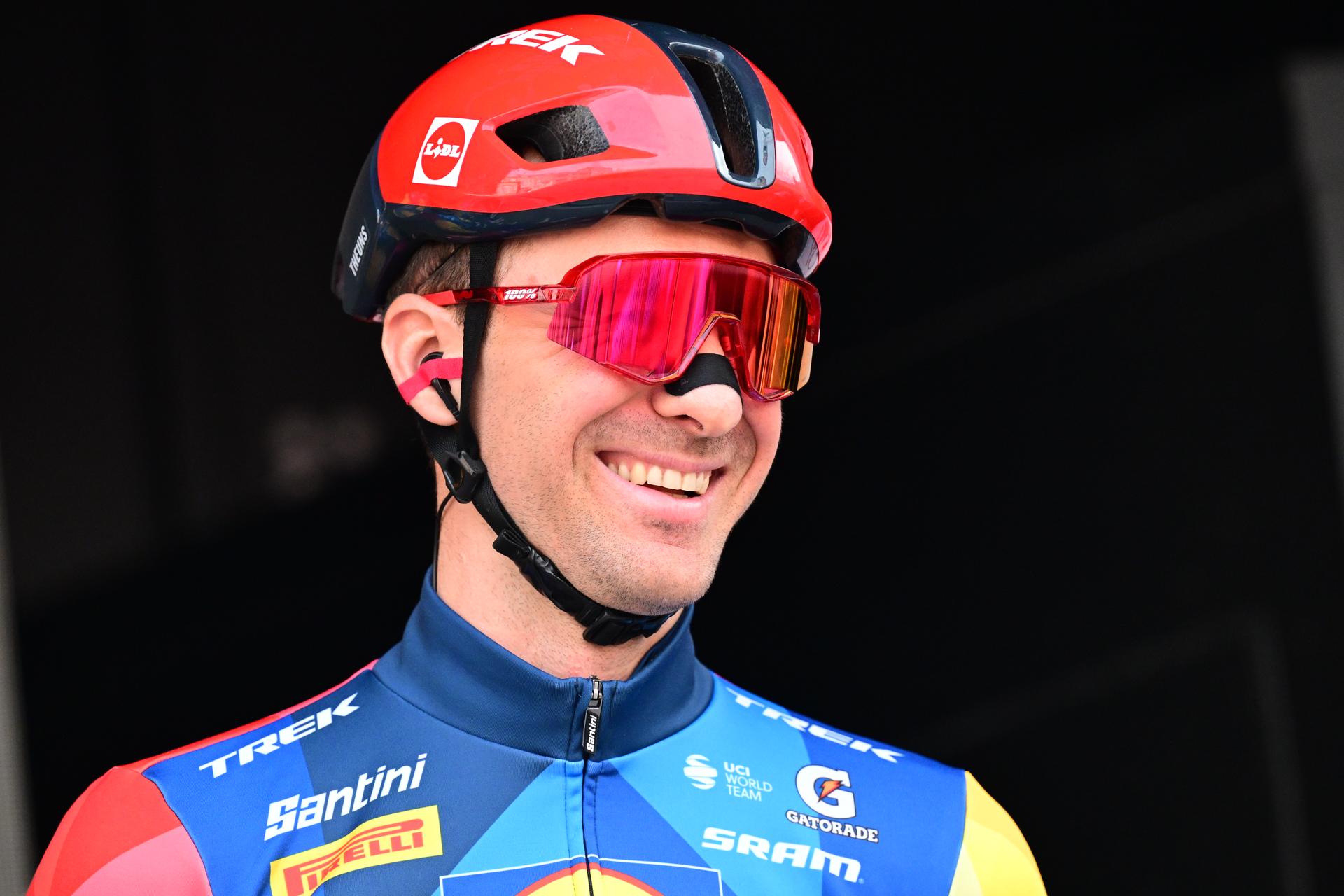 Belgium's Edward Theuns of Lidl-Trek pictured during the team presentation at the start of the 78th edition of the men elite race of the Kuurne-Brussels-Kuurne one day cycling race, 195 km from Kuurne to Kuurne via Brussels, Sunday 01 March 2026. BELGA PHOTO DIRK WAEM