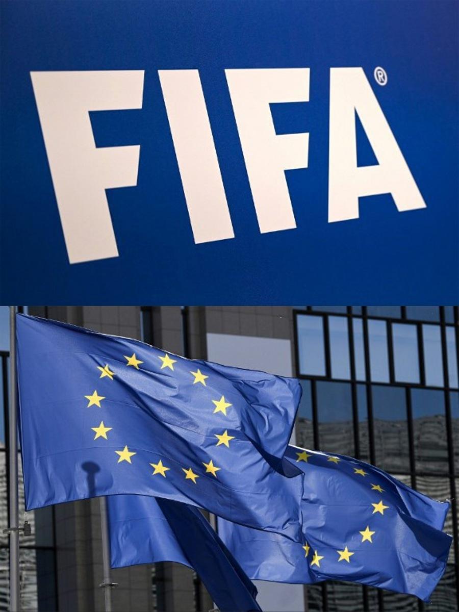 (COMBO) This combination of files pictures created on July 29, 2026 shows the FIFA logo during a press conference held by the president of the football's governing body at the FIFA Executive Football Summit on February 15, 2019 in Istanbul and European flags fluttering outside the EU Council headquarters in Brussels on March 18, 2026. EU sports chief on July 29, 2026 hit out at FIFA's plans to sell a stake in its competitions including the World Cup, warning international football's governing body: "Hands off our game." OZAN KOSE, Nicolas TUCAT / AFP