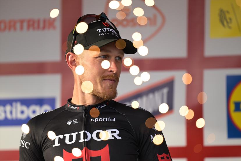 Italy's Matteo Trentin of Tudor Pro Cycling Team celebrates his third place on the podium of the 78th edition of the men elite race of the Kuurne-Brussels-Kuurne one day cycling race, 195 km from Kuurne to Kuurne via Brussels, Sunday 01 March 2026. BELGA PHOTO DAVID PINTENS