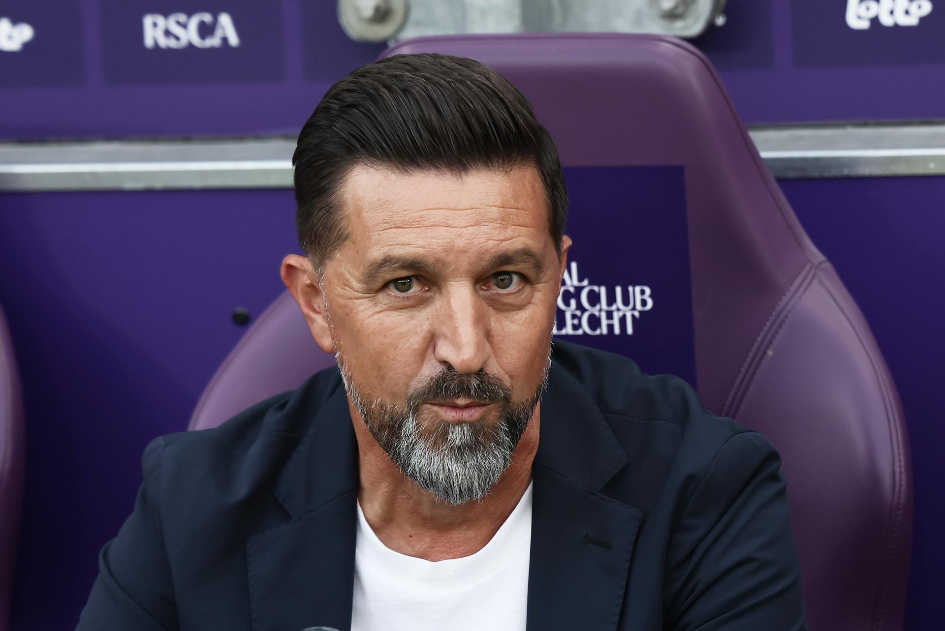 Anderlecht's head coach Besnik Hasi pictured during a soccer game between Belgian soccer team RSC Anderlecht and Moldavian team FC Sheriff Tiraspol, on Thursday 07 August 2025 in Brussels, a first leg of the third qualifying round for the UEFA Conference League competition. BELGA PHOTO BRUNO FAHY