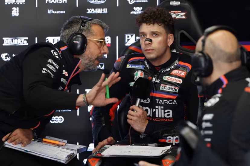 Team Aprilia Racing's Marco Bezzecchi is seen in the box during the second free practice session at the Catalunya Moto GP Grand Prix at the Catalunya racetrack in Montmelo, near Barcelona, on May 16, 2026. Lluis GENE / AFP