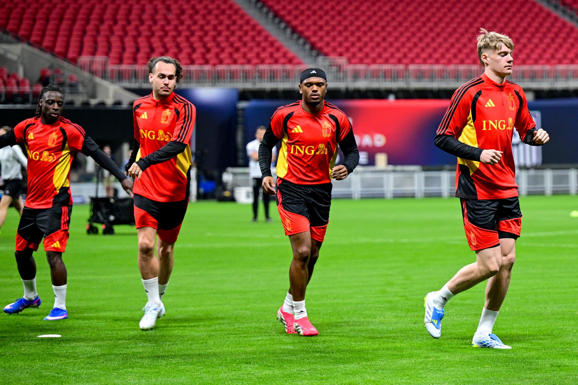 Belgium's Jeremy Doku, Belgium's Arthur Theate, Belgium's Lois Openda and Belgium's Nathan De Cat pictured during a training session of Belgian national soccer team Red Devils in Atlanta, United States, on Friday 27 March 2026. The team is preparing for tomorrow's friendly match against the United States, in preparation for the 2026 World Cup. BELGA PHOTO DIRK WAEM
