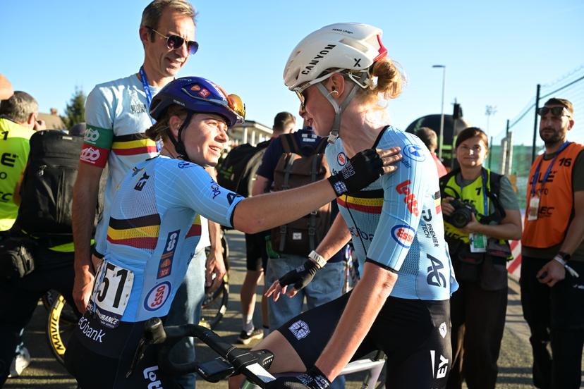 Belgium's Audrey De Keersmaeker and Belgium's Lotte Claes pictured after the elite women Road Race race (130 km) at the cycling UEC Road European Championships, in Ljubljana, Slovenia Saturday 3 October 2026. The UEC Road European Championships are taking place from 02 to 07 October in Ljubljana, Slovenia. BELGA PHOTO DAVID PINTENS