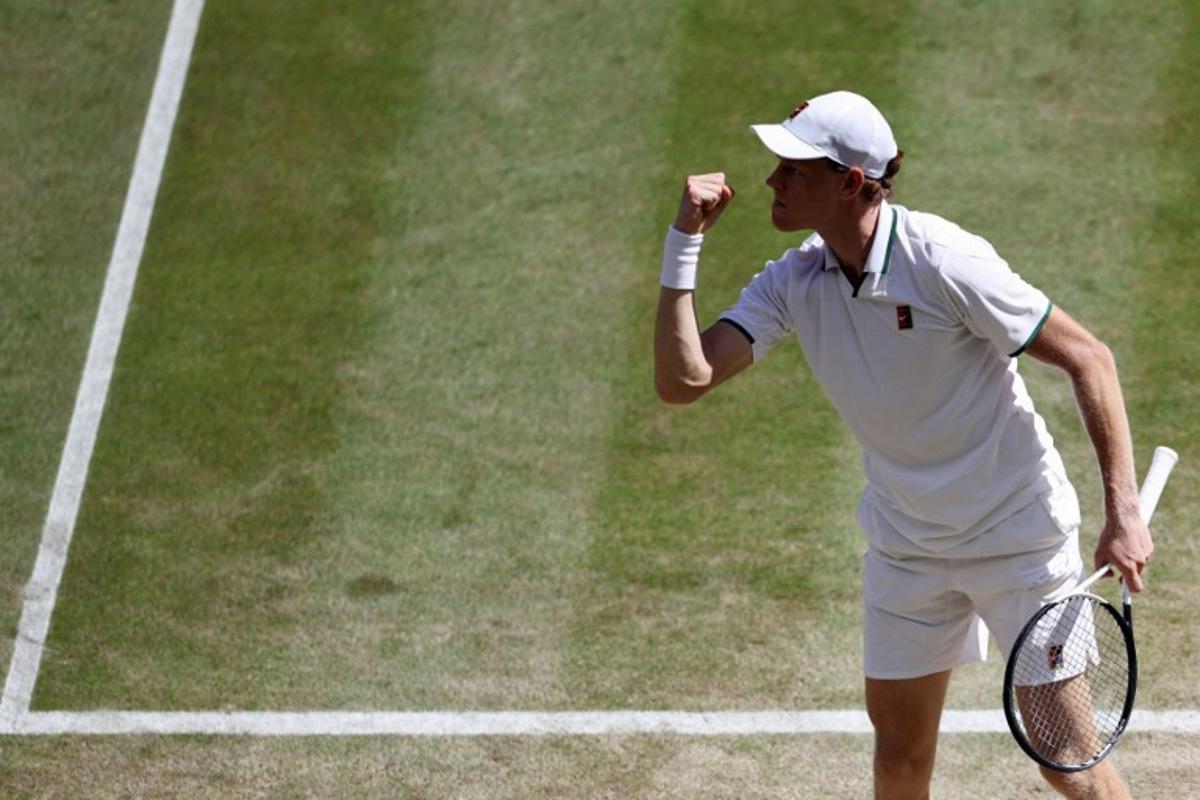 Italy's Jannik Sinner reacts as he plays against Germany's Jan-Lennard Struff during their men's singles quarter-final tennis match on the ninth day of the 2026 Wimbledon Championships at The All England Lawn Tennis and Croquet Club in Wimbledon, southwest London, on July 7, 2026. Henry NICHOLLS / AFP
