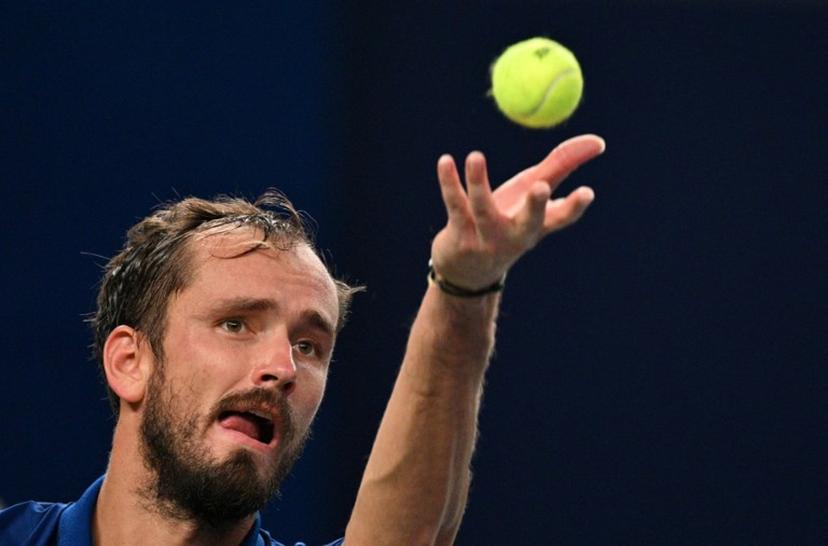 Russia's Daniil Medvedev serves to Rafael Jodar during their men's singles semi-final match at the Shanghai Masters tennis tournament in Shanghai on October 17, 2026. Hector RETAMAL / AFP