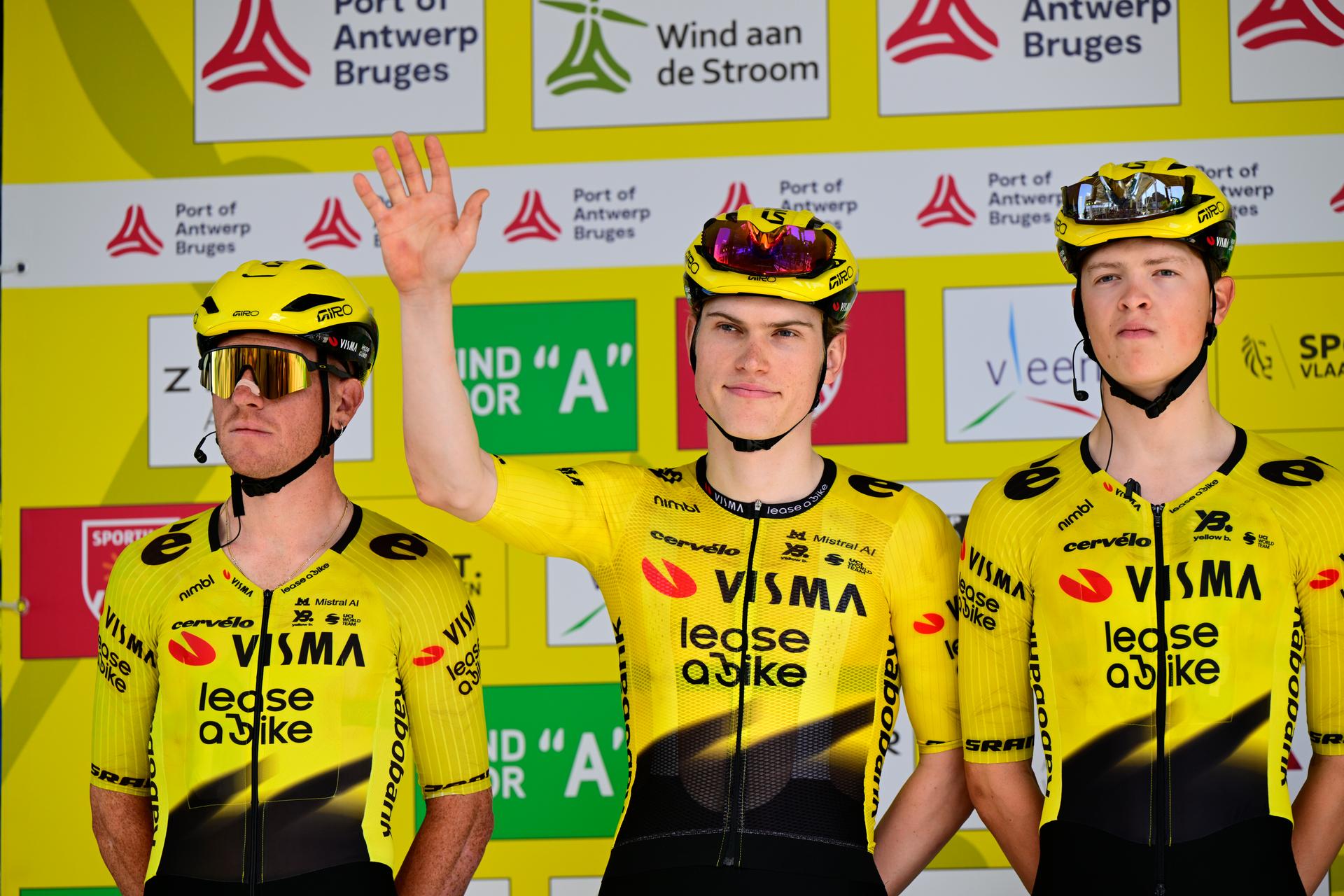 Norwegian Per Strand Hagenes of Team Visma-Lease a Bike (C) pictured ahead of the 'Antwerp Port Epic men's elite one day cycling race, 196,4 km in and around Antwerp, Monday 25 May 2026. BELGA PHOTO TOM GOYVAERTS