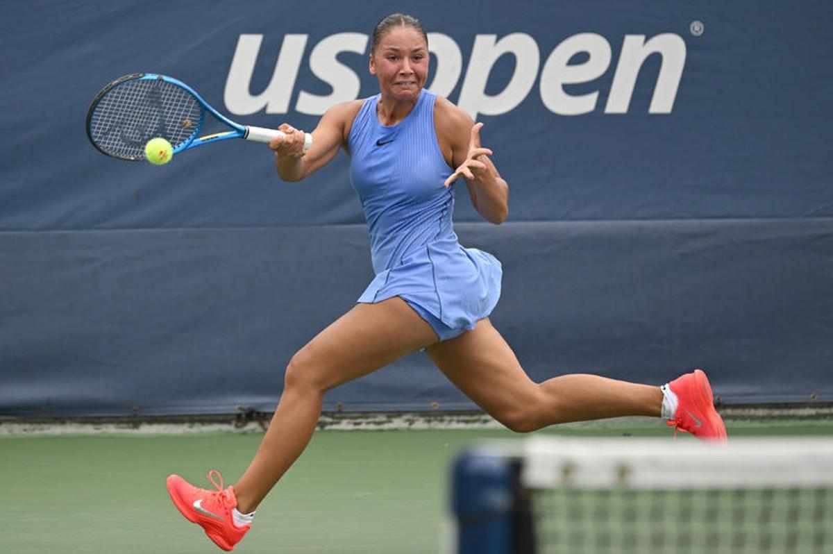 Sofia Costoulas of Belgium competes against Katie Volynets of the United States during the Women's Qualifying Singles 1st round at the USTA Billie Jean King National Tennis Center in Flushing Meadow-Corona Park, in the Queens borough of New York, NY, August 18, 2025. (Photo by Anthony Behar/SipaUSA)