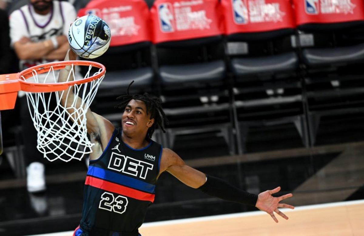 Detroit Pistons' Jaden Ivey scores during the Kia skills challenge relay during the NBA All-Star week-end in Salt Lake City, Utah, February 18, 2023. Patrick T. Fallon / AFP