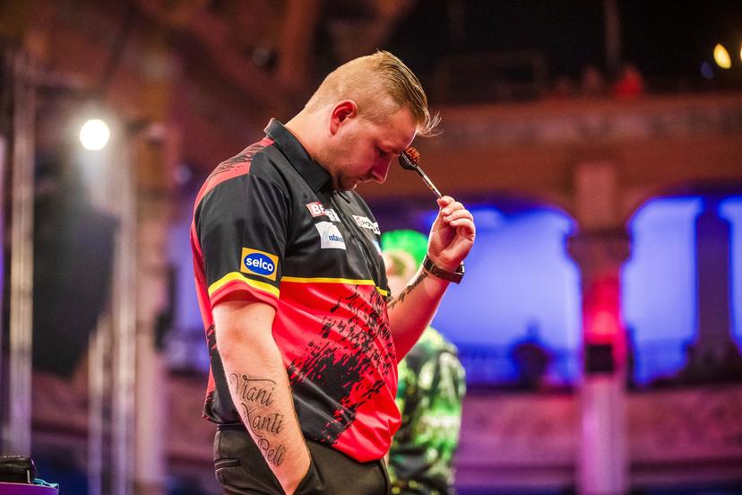 ATTENTION EDITORS - HAND OUT PICTURES - EDITORIAL USE WITH STORY ON DARTS WORLD MATCHPLAY ONLY - MANDATORY CREDIT TAYLOR LANNING/PDC Hand out pictures released on Friday 22 July 2022, by PDC Professional Darts Corporation shows Belgian Dimitri Van den Bergh, during the quarter-finals of the Betfred World Matchplay, in Blackpool, UK. MANDATORY CREDIT LAWRENCE LUSTIG/PDC