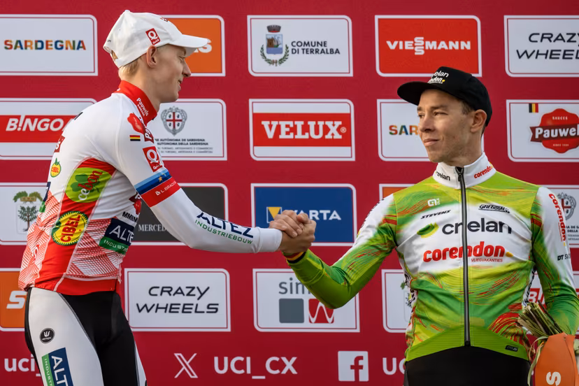 Belgian Michael Vanthourenhout and Belgian Laurens Sweeck pictured on the podium after the men's elite race of the Cyclocross World Cup, in Terralba, Sardinia, Italy, Sunday 07 December 2025, stage 3 (out of 12) in the World Cup of the 2026-2027 season. BELGA PHOTO DAVID PINTENS