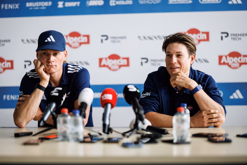 Dutch Mathieu van der Poel and Belgian Jasper Philipsen pictured during press conference of Alpecin-Premier Tech cycling team ahead of this year's Paris-Roubaix cycling race, Thursday 09 April 2026, in Gullegem, Belgium. The 123rd edition of Paris-Roubaix cycling races will take on Sunday, with the women riding 143,1 km the men riding 258,3 km on Sunday. BELGA PHOTO KURT DESPLENTER