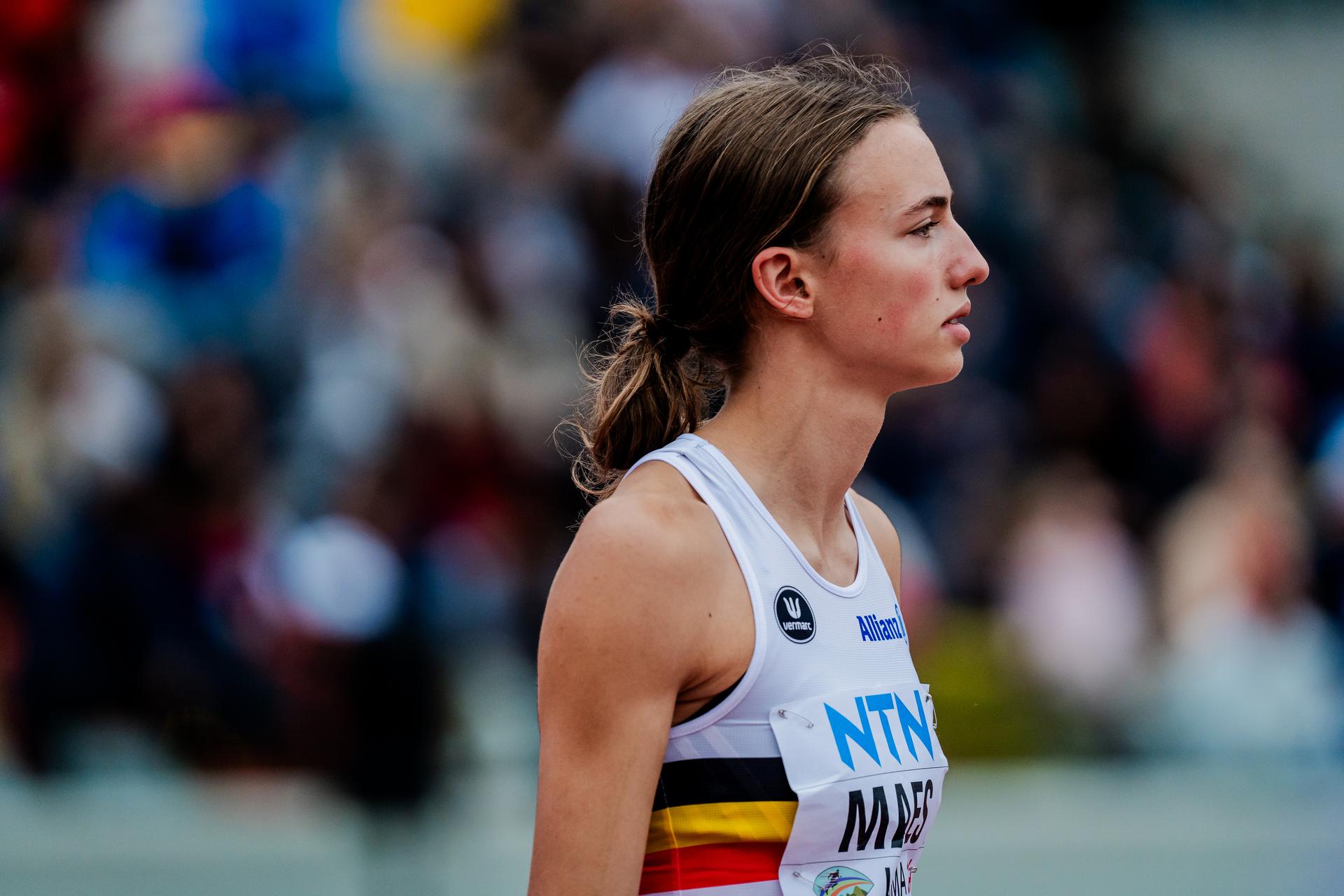 Belgian Merel Maes pictured during the high jump event, at the World Athletics U20 Championships, Saturday 31 August 2024, in Lima, Peru. The world championships take place from 27 to 31 August. BELGA PHOTO SONYA MALETER